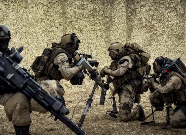 Image similar to the special forces in tactical gear shooting at a furry convention, epic movie shot, cinematic, volumetric lighting