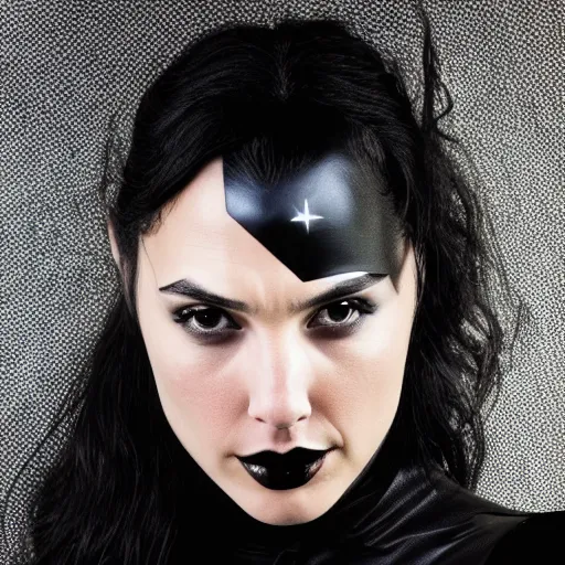 Image similar to gal gadot as a goth woman, close up shot, black hair, pale skin, sensual, beautiful soft light failling on her face, studio photography, nikon 3 5 mm portrait photography, ultra realistic