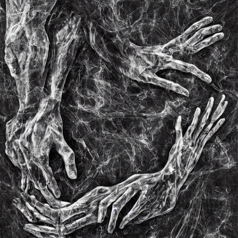Prompt: Never-before-scene unique monochromatic abstract artwork with a very creative composition, symbolism and motifs, as well as scratches, multi-layered textures and innuendos of human limbs and hands.