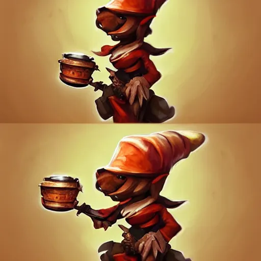 Prompt: stylized D&D character, a small kobold wearing a large chef hat working in a tavern kitchen, warm colors, digital art by Artgerm, James Zapata, concept art, beautiful, highly detailed, trending on artstation