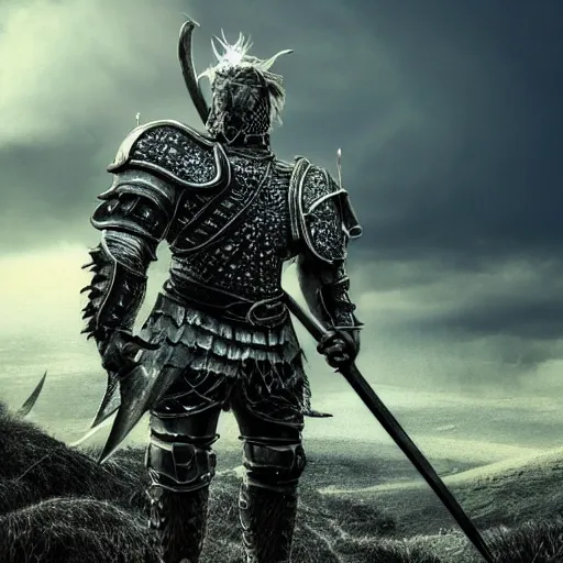 Image similar to full-body-portrait photo brutal nordic Warrior, wearing intricate steel armor, holding magical fiery battle-axe, sharp focus, highland landscape with few trees background, magical aura, heroic pose, fantasy style, octane render, volumetric lighting, 8k high definition, highly detailed, trending on ArtStation, centered