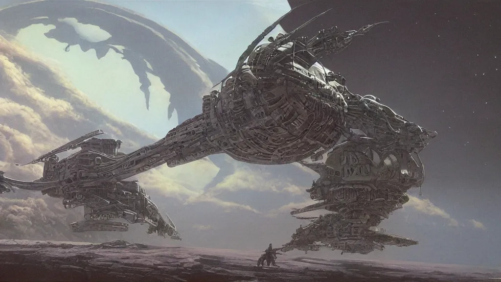 Image similar to organic dropship lander by michael whelan and bernie wrightson, epic cinematic matte painting