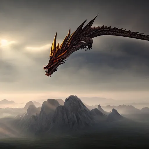 Image similar to giant majestic epic dragon on a mountain between the clouds, epic, volumetric light, volumetric fog, extreme details, 8 k, realistic