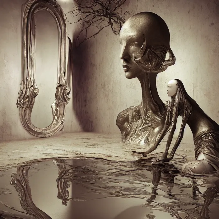 Image similar to hyperrealistic random objects in a surreal minimalistic dreamscape environment by salvador dali, enormous melting mannequin head statue, highly detailed, 3 d render, vray, octane, beautiful lighting, photorealistic, intricate, elegant, wayne barlowe, water, mirrors, doorway, beautiful, masterpiece, trending on artstation, artgerm, checkered floor