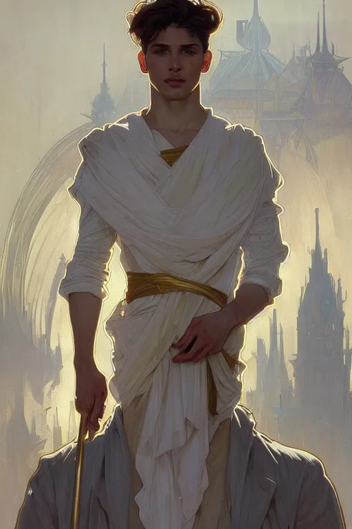 Image similar to portrait of the most beautiful young male ever, modern style, by greg rutkowski and alphonse mucha, d & d character, gradient white to gold, highly detailed portrait, in front of an urban background, digital painting, artstation, concept art, smooth, sharp focus ilustration, artstation hq