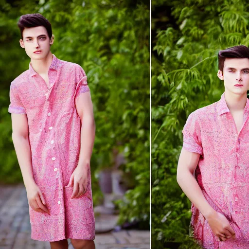 Image similar to A very pretty young male model posing in a summer dress. Studio lighting