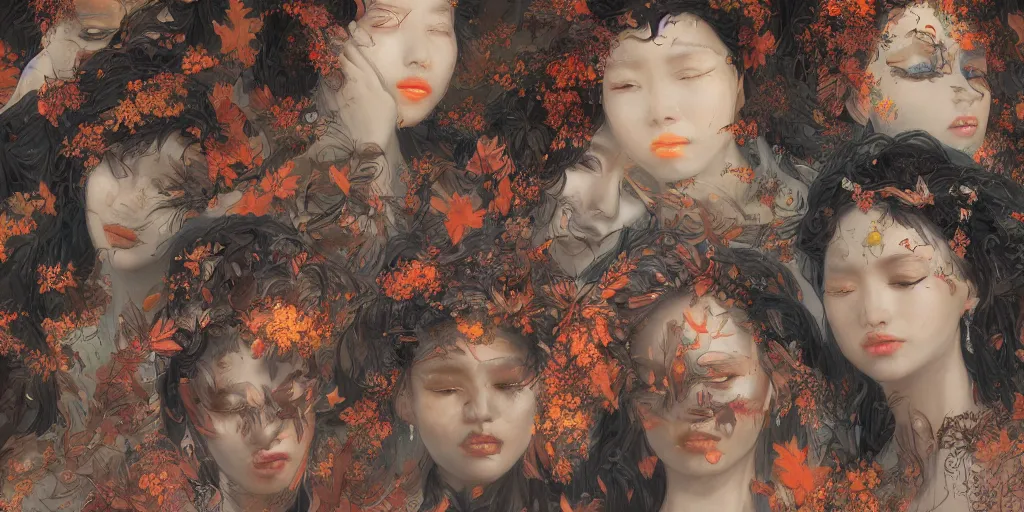 Prompt: breathtaking detailed concept art painting pattern of black faces goddesses amalgamation autumn leaves with anxious piercing eyes and blend of flowers and birds, by hsiao - ron cheng and john james audubon, bizarre compositions, exquisite detail, extremely moody lighting, 8 k