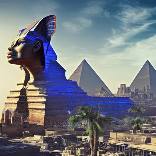 Prompt: an aerial scene of the beautiful intricate epic futuristic cybernetic sphinx in a cyberpunk pharaoh city, floating pyramids in the background, hyper detailed, cinematic lighting