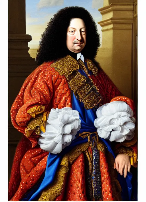 Image similar to beautiful oil painting portrait of Louis xiv of France in coronation robes by Dan Mumford, Alex grey, hyacinthe rigaurd 1701