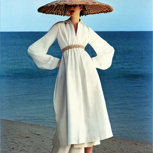 Image similar to 1 9 8 5 italia vogue magazine photo of a dress with cotton set, christian dior style, mediterranean beach background