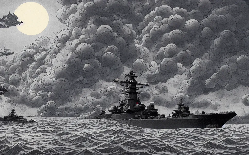 Image similar to japanese battleship yamato in front of huge mushroom cloud, in the style of james jean and laurie greasley, dynamic composition, dramatic lighting, ultra detailed