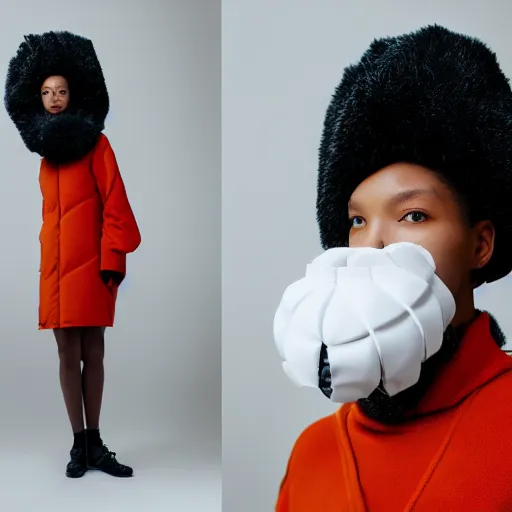 Image similar to realistic photoshooting for a new issey miyake lookbook, color film photography, portrait of a beautiful woman, model is wearing a puffer mask, in style of tyler mitchell, 3 5 mm,