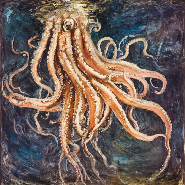 Image similar to Hyperrealistic Studio wet collodion Photograph portrait of a deep sea Giant Octopus deep underwater in darkness, award-winning nature deep sea expressionistic impasto heavy brushstrokes oil painting by Cy Twombly and Tim Hawkinson and anselm kiefer vivid colors hyperrealism 8k