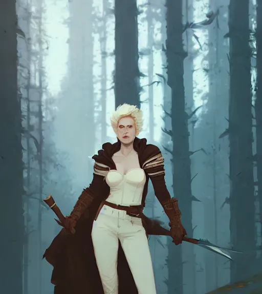 Image similar to portrait of cullen from dragon age standing with beautiful woman near forest by atey ghailan, by greg rutkowski, by greg tocchini, by james gilleard, by joe fenton, by kaethe butcher, dynamic lighting, gradient light blue, brown, blonde cream and white color scheme, grunge aesthetic