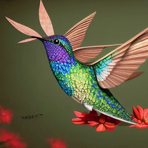 Image similar to hummingbird, feathers like fine floral ornaments, eye - level medium angle shot, intricate, floral background, by esao andrews, by m. w. kaluta, by yoshita amano, natural lighting, smooth, 3 d octane render, depth perception, 4 k,, artstation