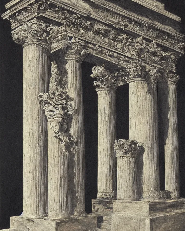 Image similar to achingly beautiful painting of intricate ancient roman corinthian capital on black background by rene magritte, monet, and turner. giovanni battista piranesi.