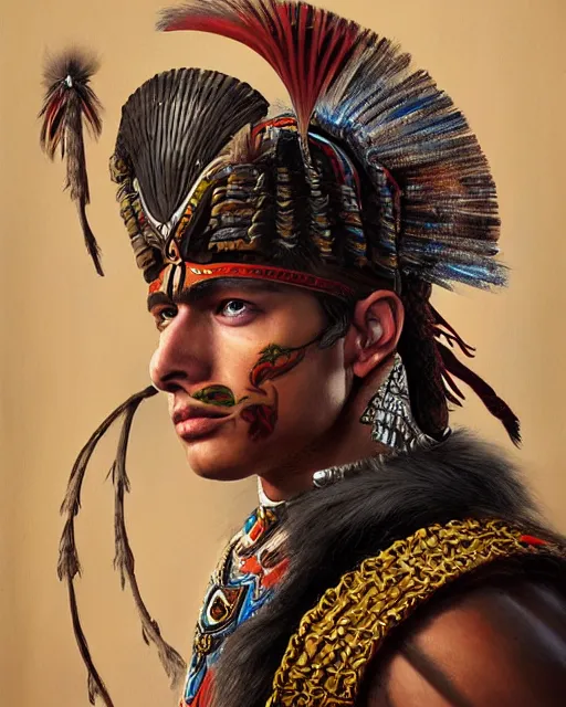 Prompt: portrait of a handsome young aztec warrior, art by lixin yin and denys tsiperko and bogdan rezunenko, hyperrealism, fantasy art