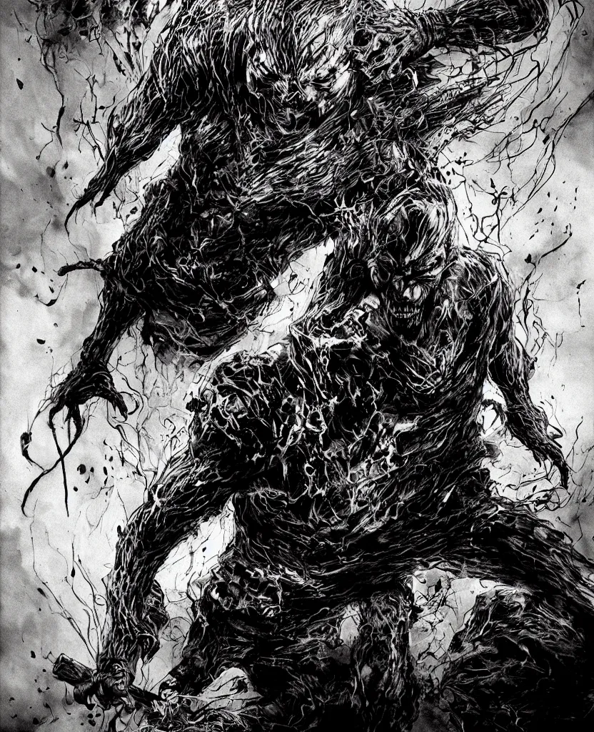 Image similar to a singed scary man with fire bursting out of him, dark colors, sinister atmosphere, dramatic lighting, cinematic, establishing shot, extremely high detail, photo realistic, cinematic lighting, pen and ink, intricate line drawings, by Yoshitaka Amano, Kentaro Miura, Artgerm, post processed, concept art, artstation, matte painting, style by eddie mendoza, raphael lacoste, alex ross