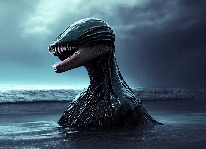 Image similar to a stunning cinematic extreme wide shot of an adorable fearful slick sleek smooth humanoid sea monster wearing clothes made of seaweed on a dark stormy beach, well designed perfect with huge luminous sad eyes, sharp claws, cgsociety, hd octane render, fantasy, furry art, artstation, deviantart, furaffinity, very very clean