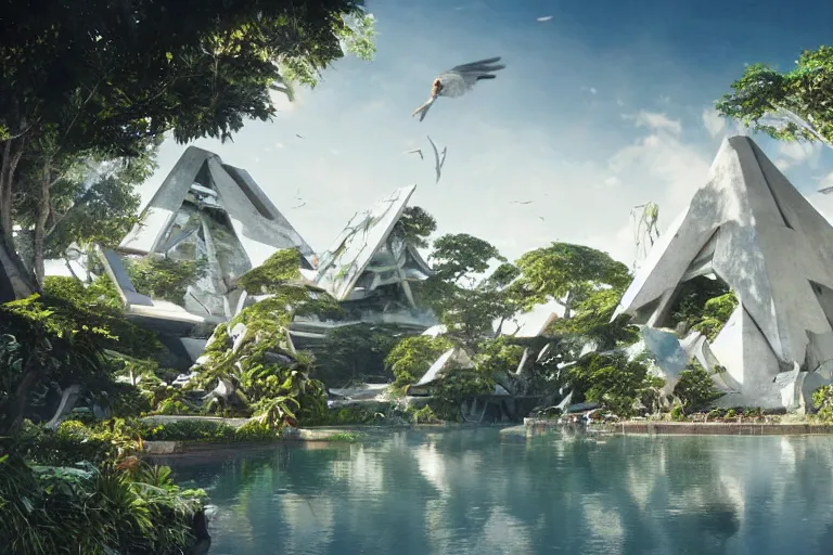 Image similar to brutalist futuristic white Aztec structures, manicured garden of eden, pools and streams, tropical foliage, birds, sculpture gardens by Jessica Rossier and Brian Froud