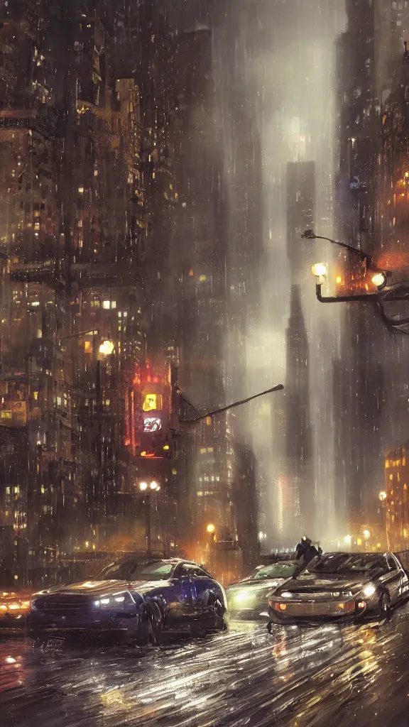 Prompt: a concept art of a rainy Chicago at night with cars and people watch dogs game