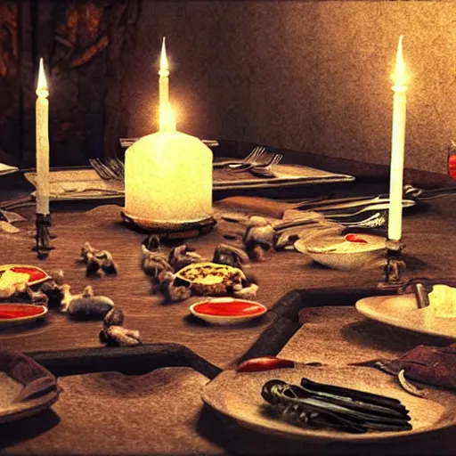 Prompt: “an 8k hi definition super detailed photorealistic picture of a vampire in a dungeon setting sitting at a banquet table full of plates of rats and spiders with red candles”