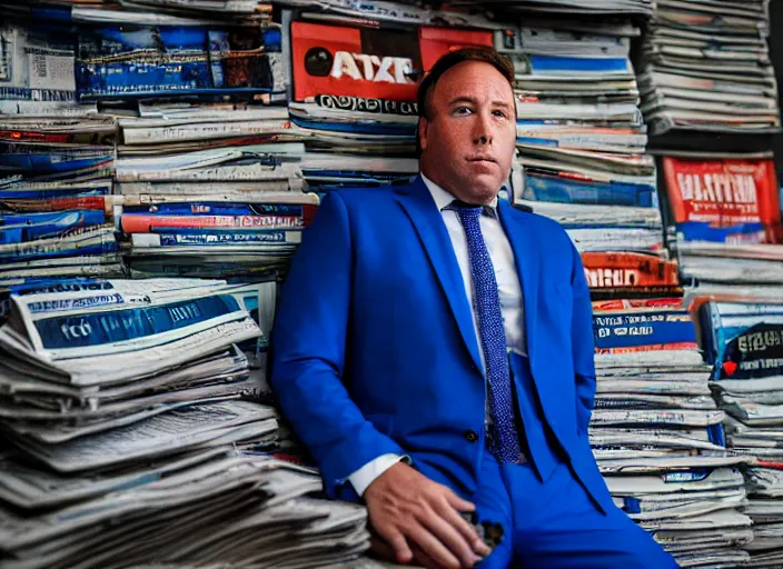 Image similar to dslr photo still of alex jones in a blue suit sitting depressed in a room filled to the ceiling with newspapers, 5 2 mm f 5. 6