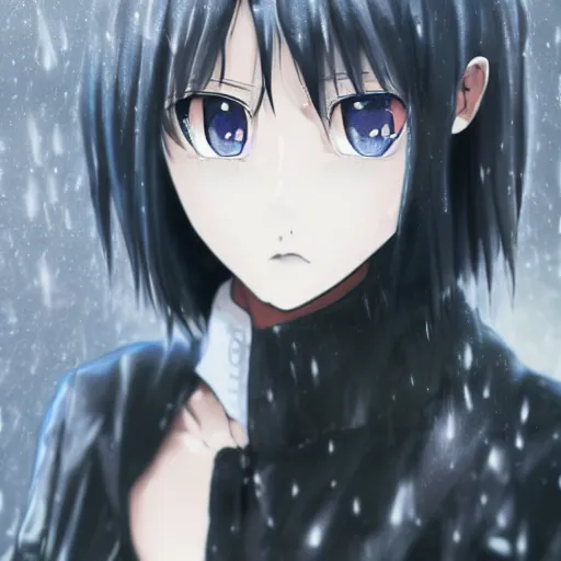 Image similar to 1 7 - year - old anime goth girl, black hair, long bob cut, long bangs, gothic coat, long bangs, united kingdom, rainy day, small town, midlands, english village, street scene, ultra - realistic, sharp details, cold lighting, blue and gray colors, intricate details, subsurface scattering, hd anime, 2 0 1 9 anime