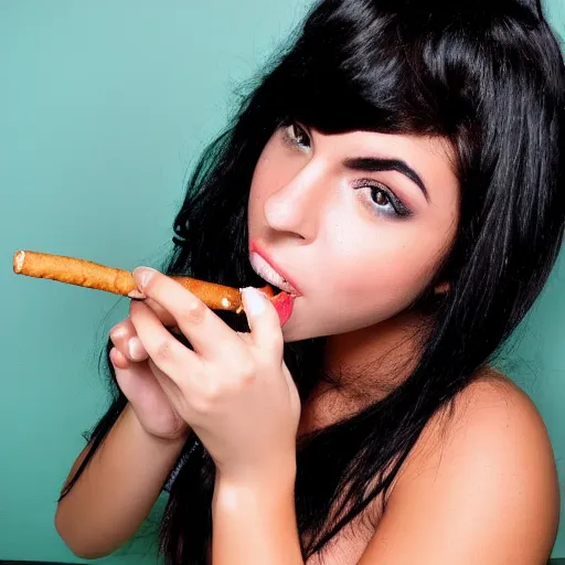 Image similar to photo of hot curvy spanish clothed latina cuban college girl with black hair smoking weed