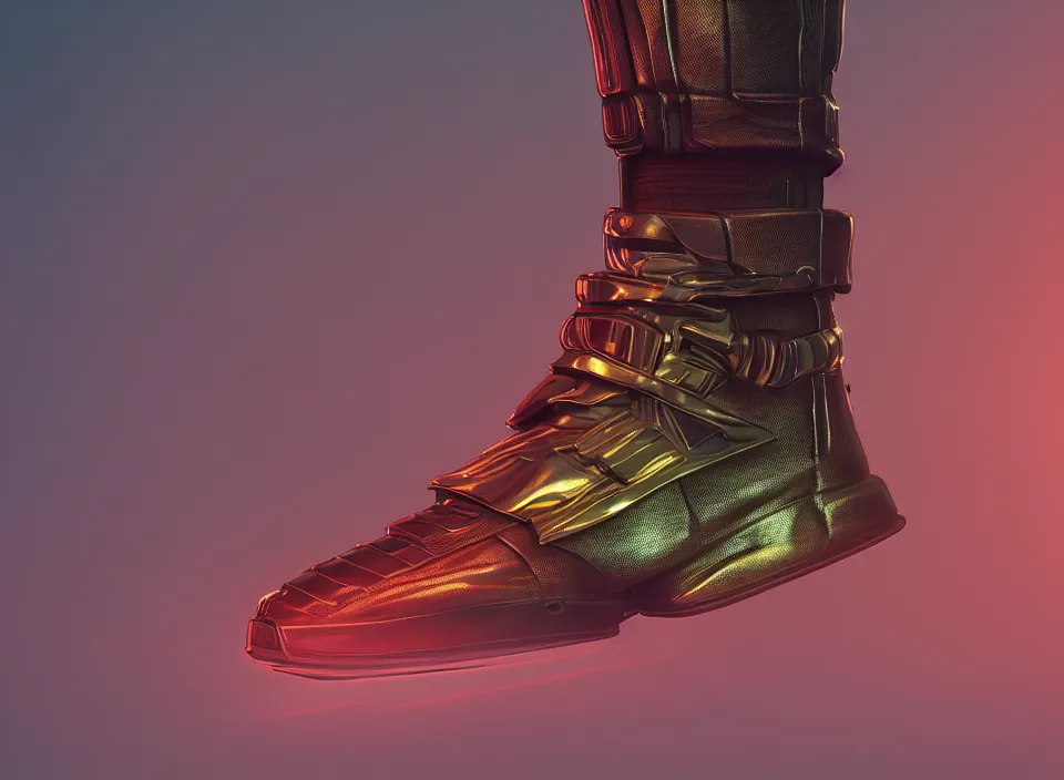 Prompt: realistic 3 d render of a cyberpunk android sneaker, beautiful studio lighting, soft, sharp focus, neon cyberpunk highlights, intricate detail, gold and red accents, soft rubber, octane render, side view, close up, trending on artstation, deviantart, jakub rebelka