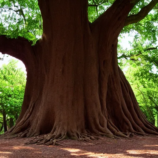 Image similar to oak tree as big as a building with people among the roots