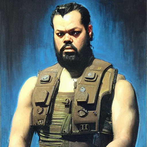 Prompt: Orson Welles as a cyberpunk mercenary wearing a military vest and combat jumpsuit. (Cyberpunk 2077, bladerunner 2049). Iranian orientalist portrait by john william waterhouse and Edwin Longsden Long and Theodore Ralli and Nasreddine Dinet, oil on canvas. Cinematic, vivid color, hyper realism, realistic proportions, dramatic lighting, high detail 4k