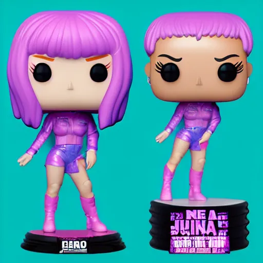 Prompt: funko pop of joi from blade runner 2 0 4 9 as a giant pink skinned translucent hologram with blue hair, neo noire