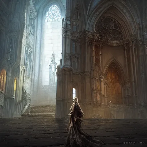 Image similar to A beautiful digital painting of a Grim Reapper, ancient catedral behind her, intricate, cinematic lighting, highly detailed, digital painting, Artstation, concept art, smooth, sharp focus, illustration, art by Tom Bagshaw, Artgerm and Greg Rutkowski