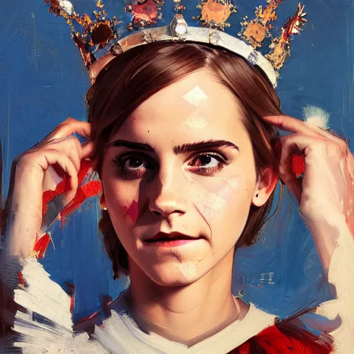 Image similar to full body emma watson wearing crown on head wearing royal hoodie by Sandra Chevrier by Richard Schmid by Jeremy Lipking by moebius by atey ghailan