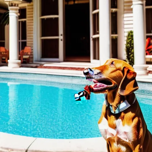 Image similar to a very detailed photo of a dog smoking a cigar outside the mansion by the pool