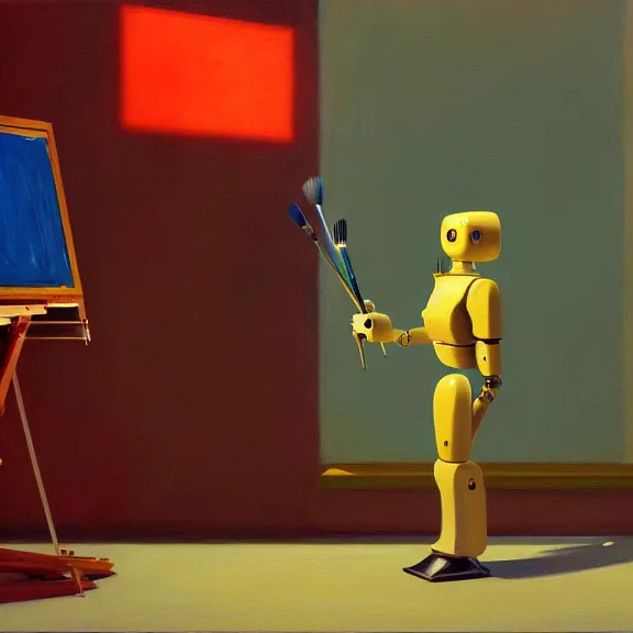 Image similar to beautiful illustration of a robot painting an artwork on a canvas with a paintbrush by Edward Hopper, colorful octane render