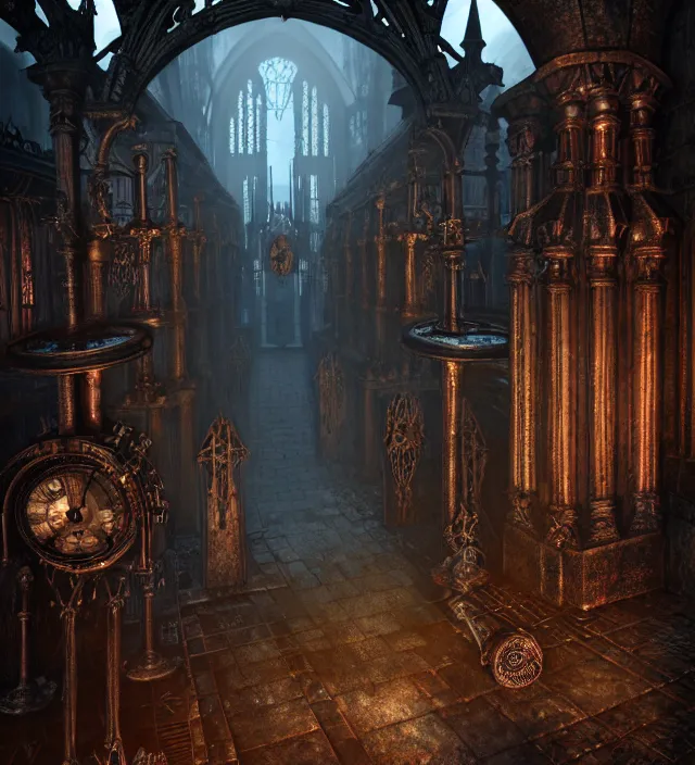 Image similar to steam necropolis, memento mori, gothic, neo - gothic, art nouveau, hyperdetailed copper patina medieval icon, stefan morrell, philippe druillet, ralph mcquarrie, concept art, steampunk, unreal engine, detailed intricate environment, octane render, moody atmospherics, volumetric lighting, ultrasharp, ominous, otherworldly