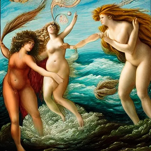 Image similar to The mixed media art depicts the goddess Venus, who is born from the sea, being blown towards the shore by the wind god Zephyr. On the shore, the goddess of love, beauty, and fertility, is greeted by the nymphs who attend to her. The mixed media art is a masterful example of use of color, light, and perspective. The figures are depicted in graceful poses, and the overall effect is one of serenity and beauty. white by Heather Theurer mournful