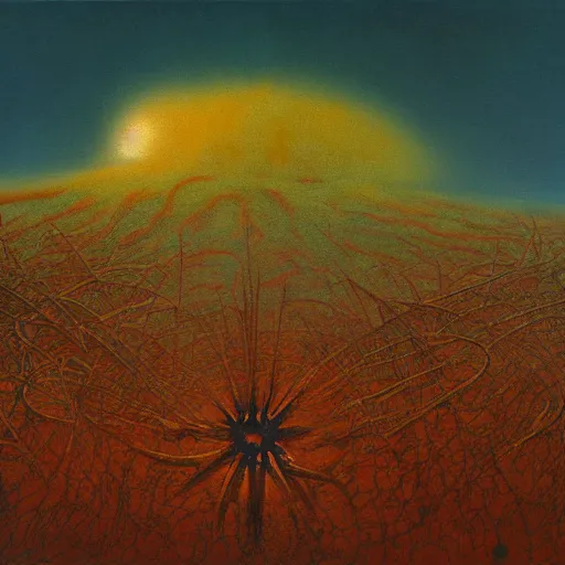 Image similar to atomic explosion by Zdzisław Beksiński, oil on canvas