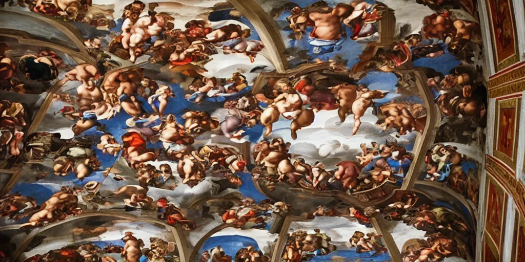 Image similar to a man drinking beer and watching soccer on the television - painted fresco on the ceiling of the cistine chapel