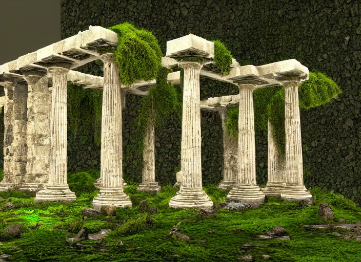 Prompt: A detailed illustration of Temple of Hephaistos, overgrown with moss, 4k, immaculate scale, trending on Artstation