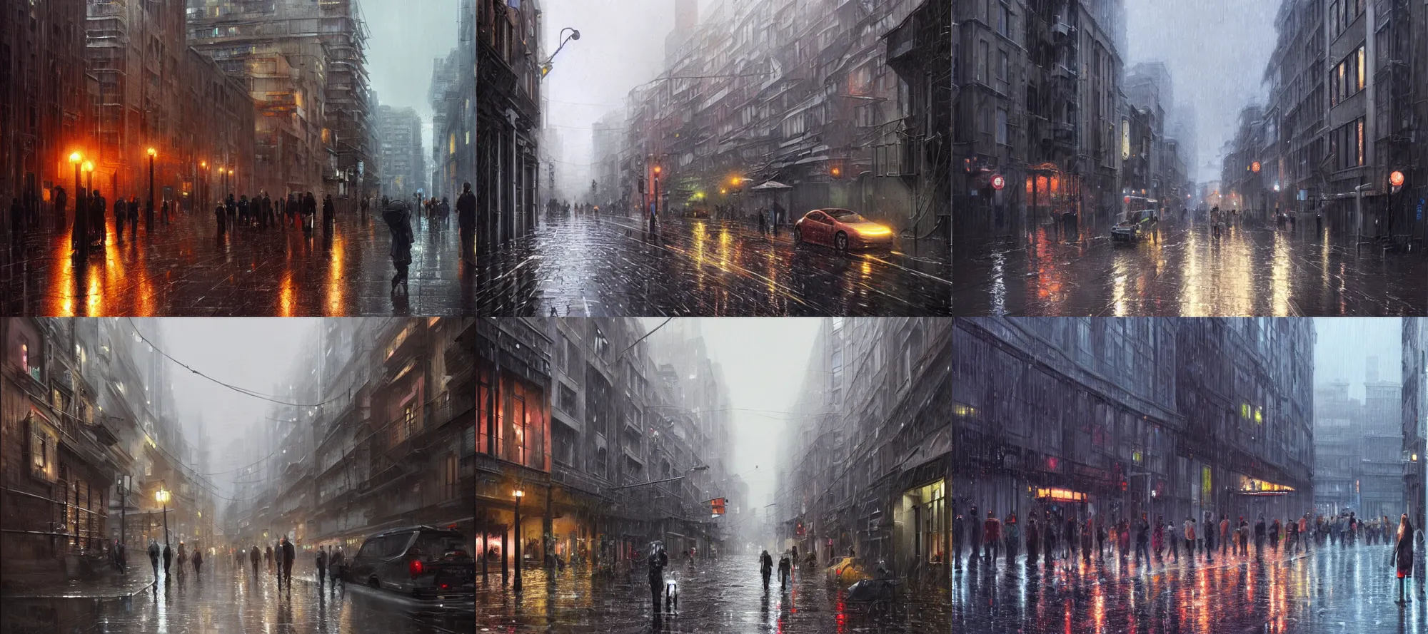 Prompt: a modern city street, raily season, very wet, architecture, a realistic digital painting by greg rutkowski and james gurney, trending on artstation, very highly detailed, 8 k