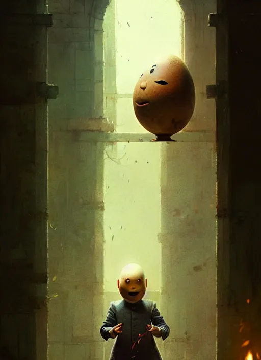 Image similar to portrait of live action humpty dumpty by greg rutkowski. cinematic film still