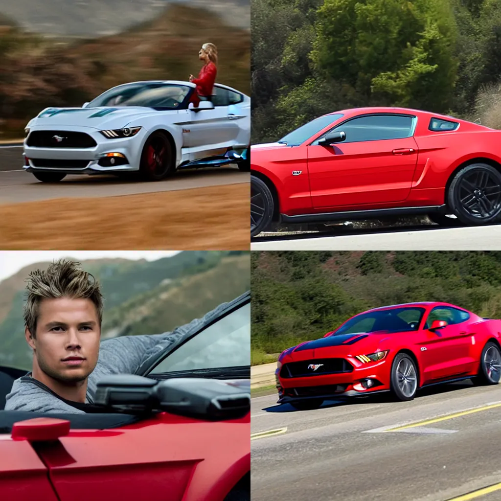 Prompt: Maarten Reijgersberg driving a red Ford Mustang