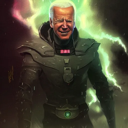 Prompt: Huge Joe Biden with glowing eyes, thunderstorm. Fantasy concept art, best of ArtStation