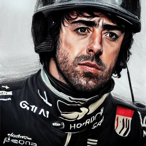 Prompt: portrait of a spanish racing driver fernando alonso, colourised, face portrait, epic, tragic, military art, fantasy, dieselpunk, hd shot, digital portrait, beautiful, artstation, comic style, by artgerm, guy denning, jakub rozalski, magali villeneuve and charlie bowater