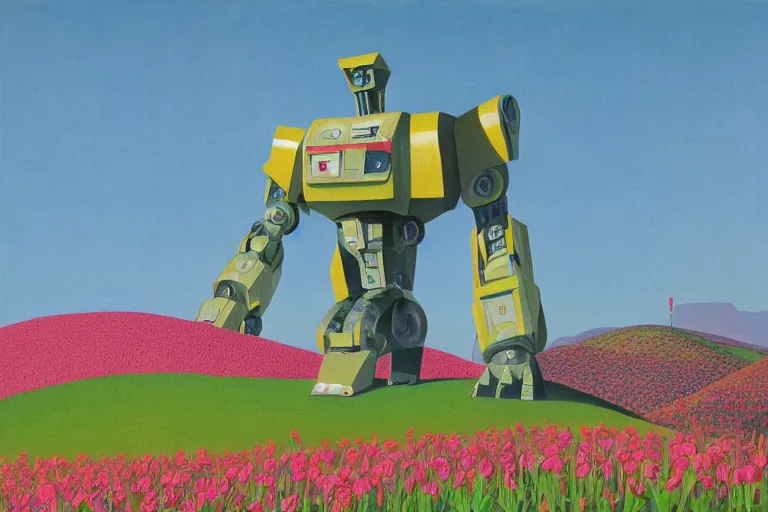 Prompt: giant mecha robot with laser, blooming hills with spring flowers and pillars by helen lundeberg