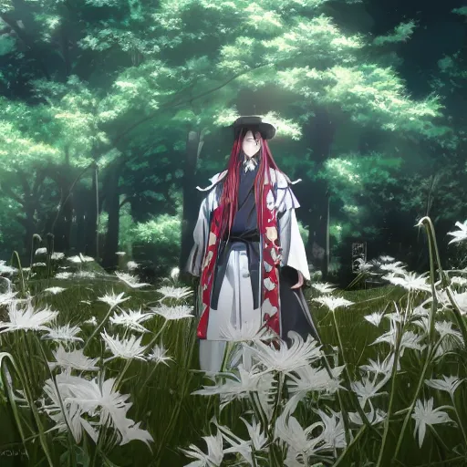 Prompt: portrait of odu nobukatsu combusting in the field of spider lilies, anime fantasy illustration by tomoyuki yamasaki, kyoto studio, madhouse, ufotable, square enix, cinematic lighting, trending on artstation