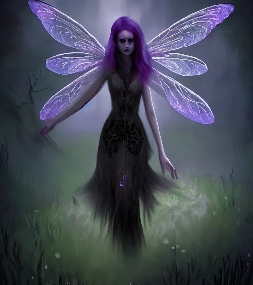 Image similar to gothic fairy with dragonfly wings, digital painting, liminal eerie midnight backlit, a picture taken by Michael Komarck and Daniel Ljunggren